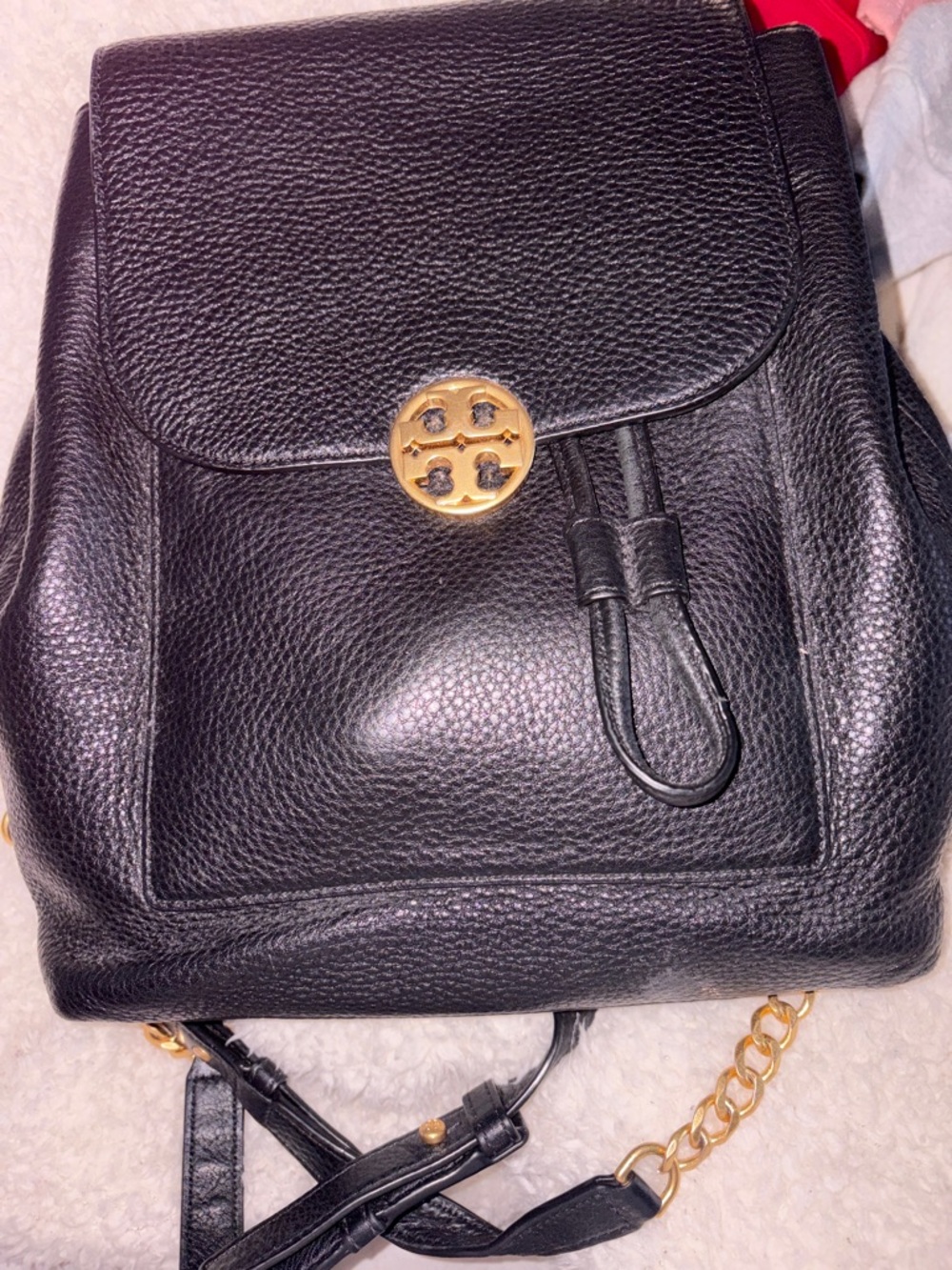 Tory Burch Black Pebbled Leather Backpack with Gold Logo